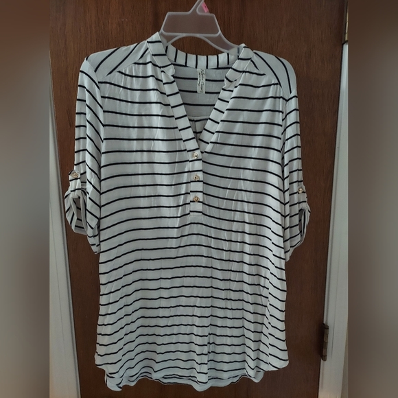 PerSeption Concept black and white striped half sleeve shirt with gold buttons. - Picture 1 of 3